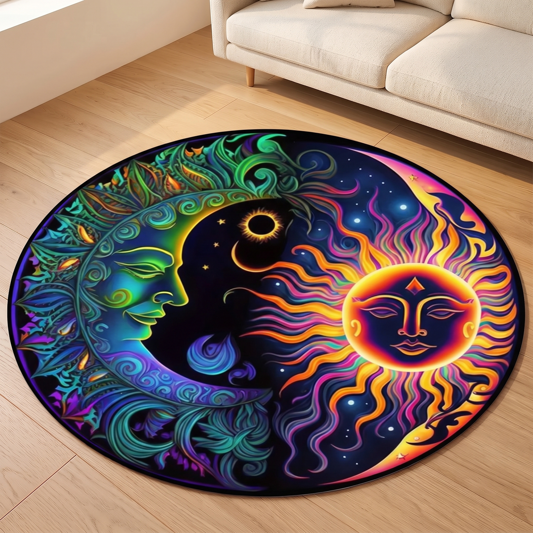 Celestial Round Rug – Sun and Moon in Purple &amp; Orange – Sun &amp; Moon Faces – angled view in front of a cream sofa
