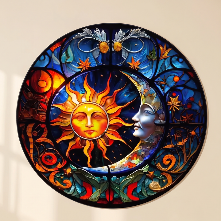 Celestial Round Rug – Sun and Moon in Orange &amp; Blue – Stained Glass Sun &amp; Moon – hung flat against a plain beige wall, front view