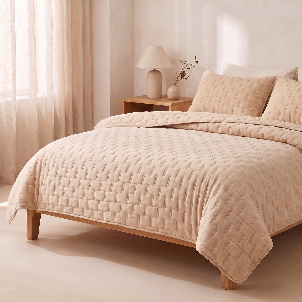 Sand channel quilted bedspread and pillow shams on a bed in a calm bedroom