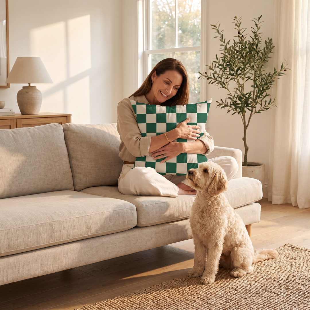 Checkered Pillow Cover in Forest Green &amp; White Check – hugged by a smiling woman on a sofa beside a dog