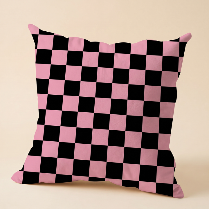 Checkered Pillow Cover in Black &amp; Pink – Small Check – plump filled cover with pointed corners and soft shadow