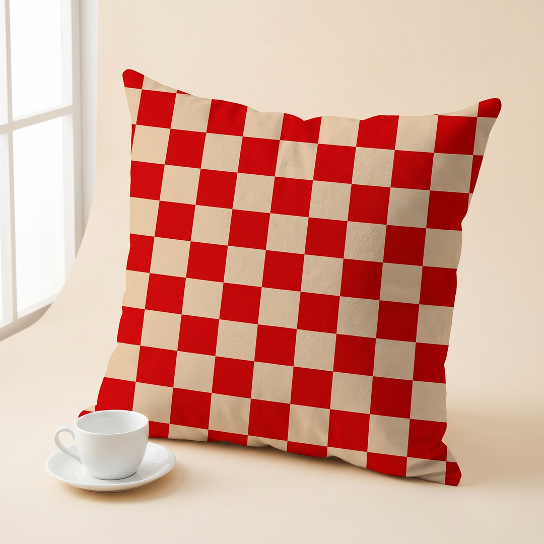 Checkered Pillow Cover in Red &amp; Sand Check – standing on a cream surface beside a white teacup near a window