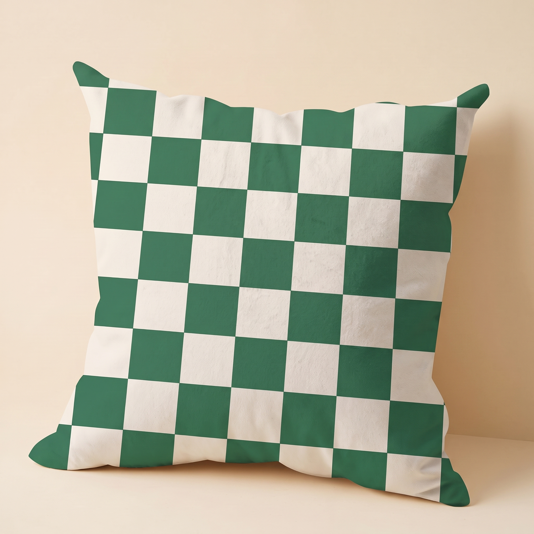 Checkered Pillow Cover in Sage &amp; Cream Check – angled front view showing the full check pattern