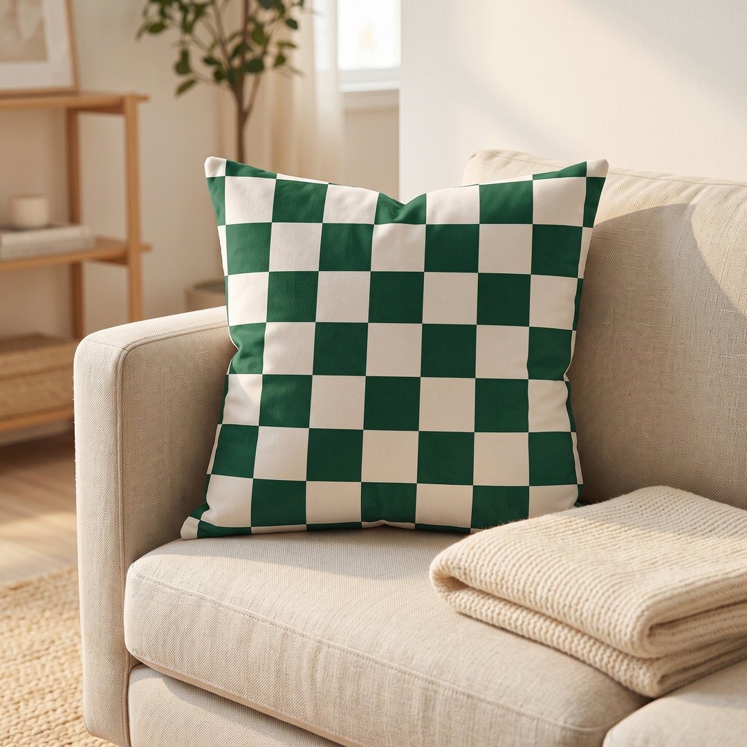 Checkered Pillow Cover in Forest Green &amp; White Check – propped in the corner of a beige sofa beside a knit throw