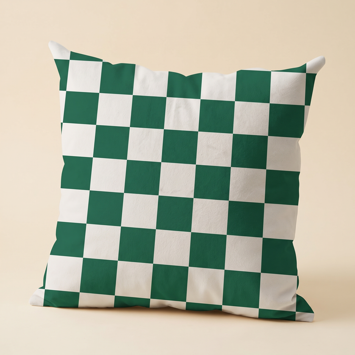 Checkered Pillow Cover in Forest Green &amp; White Check – standing upright against a plain cream studio backdrop