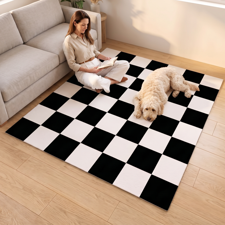 Washable Checkered Rug – Black and White in Black and White – in a living room with a woman reading and a dog resting