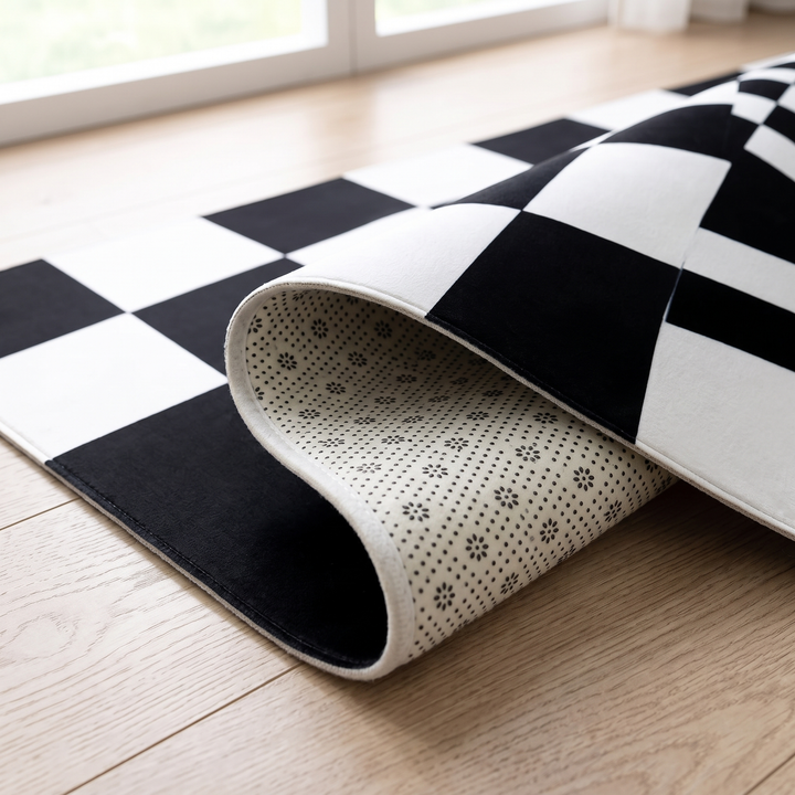 Washable Checkered Rug – Black and White in Black and White – corner folded back showing the dotted non-slip backing on wood floor