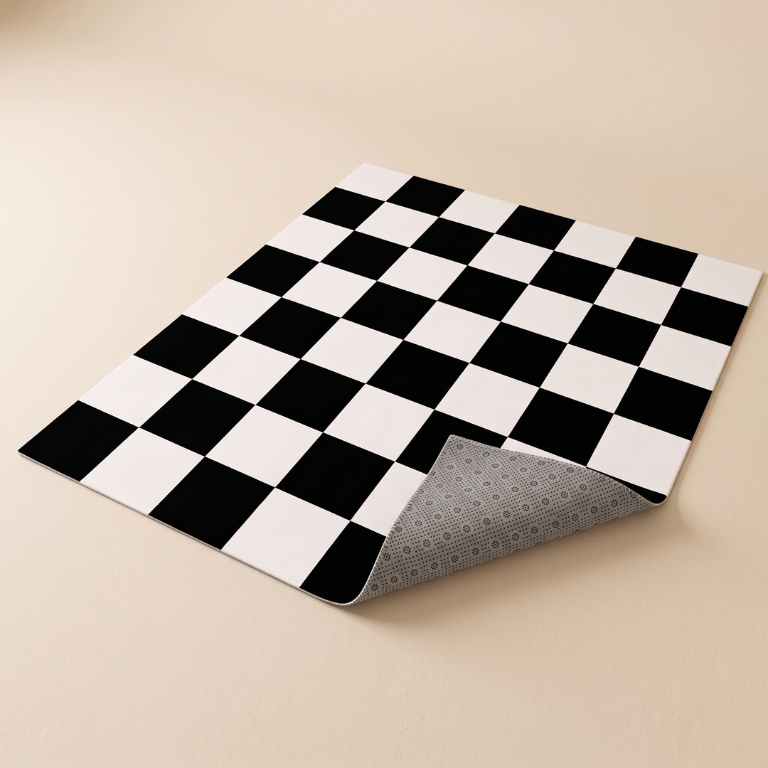 Washable Checkered Rug – Black and White in Black and White – full rug from a high angle on plain beige floor