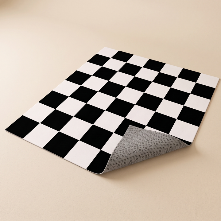Washable Checkered Rug – Black and White in Black and White – full rug from a high angle on plain beige floor