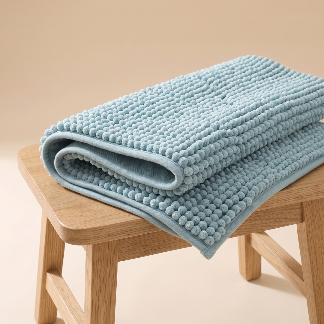 Chenille Bath Mat – Non-Slip in Aqua – folded over the seat of a light wood stool