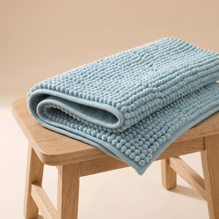 Chenille Bath Mat – Non-Slip in Aqua – folded over the seat of a light wood stool