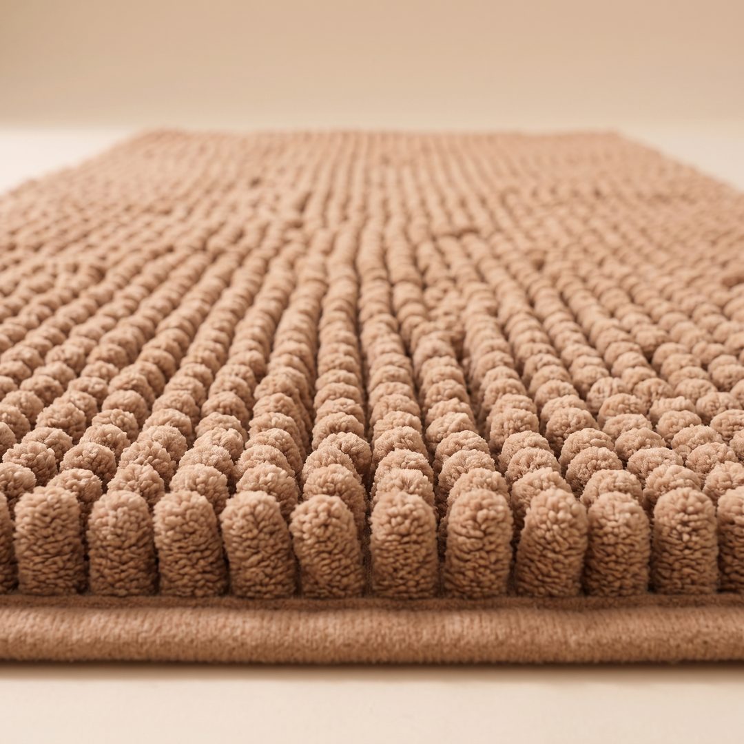 Chenille Bath Mat – Non-Slip in Brown – low angle side view of the rows of chenille tufts