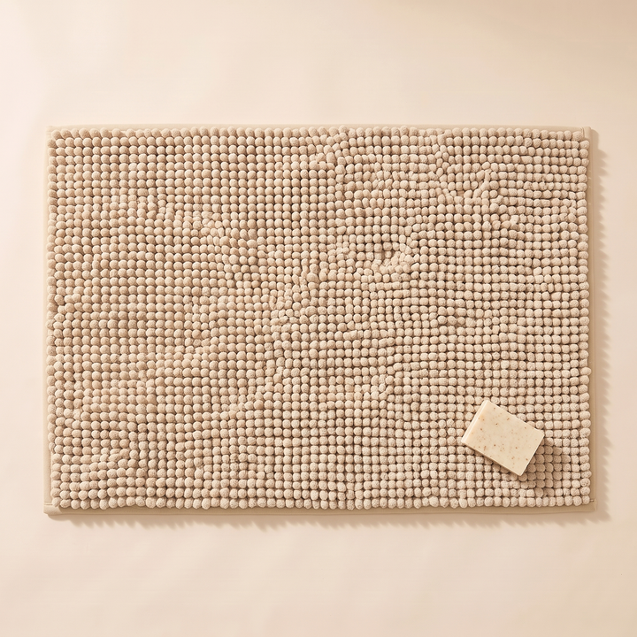 Chenille Bath Mat – Non-Slip in Camel – top-down view laid flat with a bar of soap on one corner
