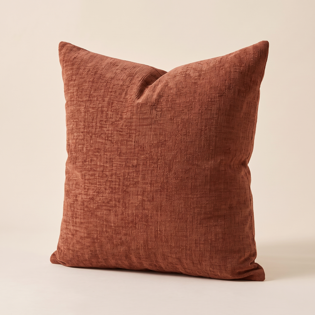 Chenille Throw Pillow Cover in Rust – turned slightly, casting a soft shadow to the right