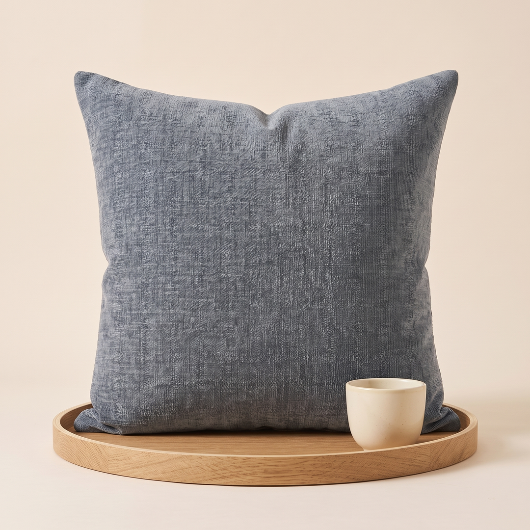 Chenille Throw Pillow Cover in Slate Blue – on a round oak tray beside a small ceramic cup