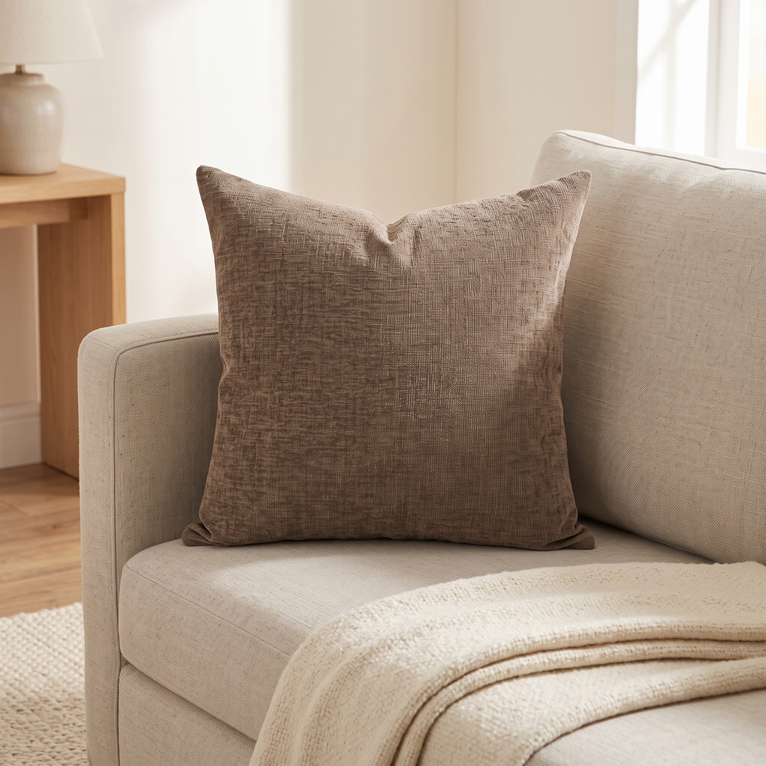 Chenille Throw Pillow Cover in Chocolate Brown – propped on a beige sofa corner beside a cream knit throw