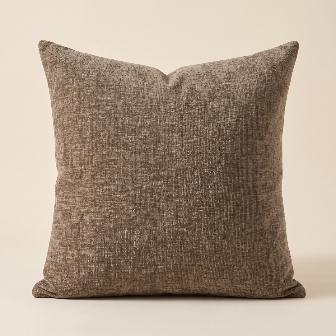 Chenille Throw Pillow Cover in Chocolate Brown – front view standing upright against a plain cream backdrop