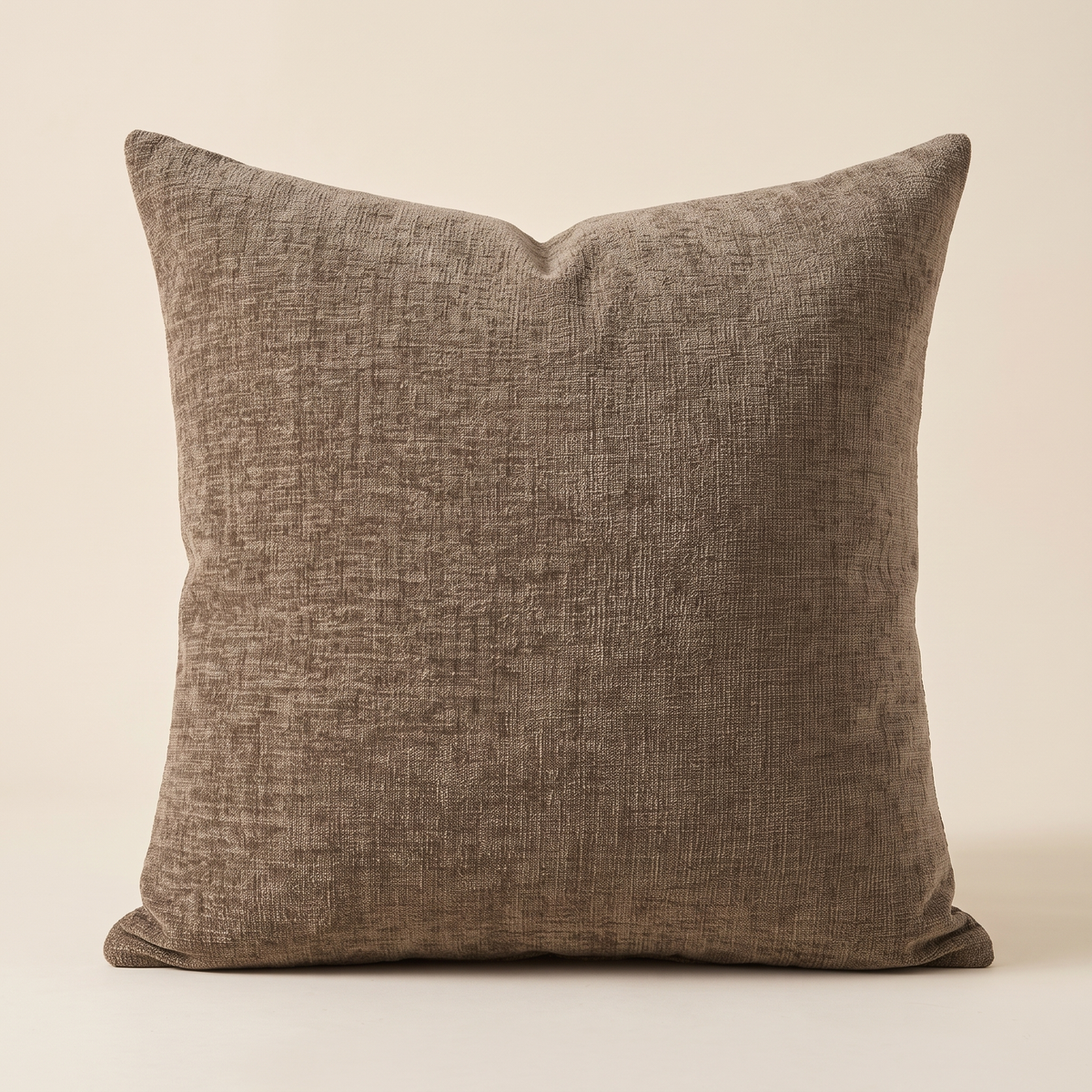 Chenille Throw Pillow Cover in Chocolate Brown – front view standing upright against a plain cream backdrop
