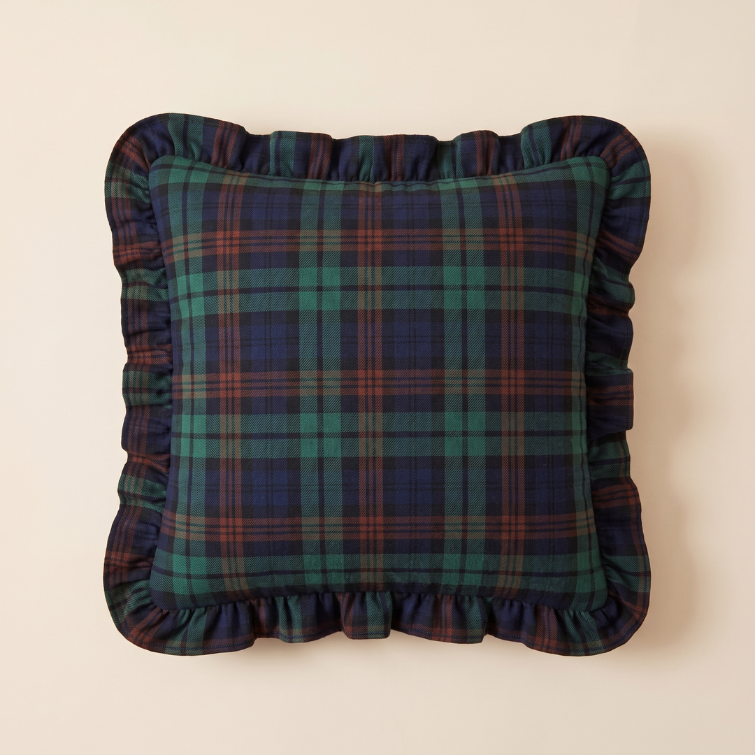 Christmas Plaid Pillow Cover in Navy Blue – Tartan – centered and square-on, full ruffle border visible all around