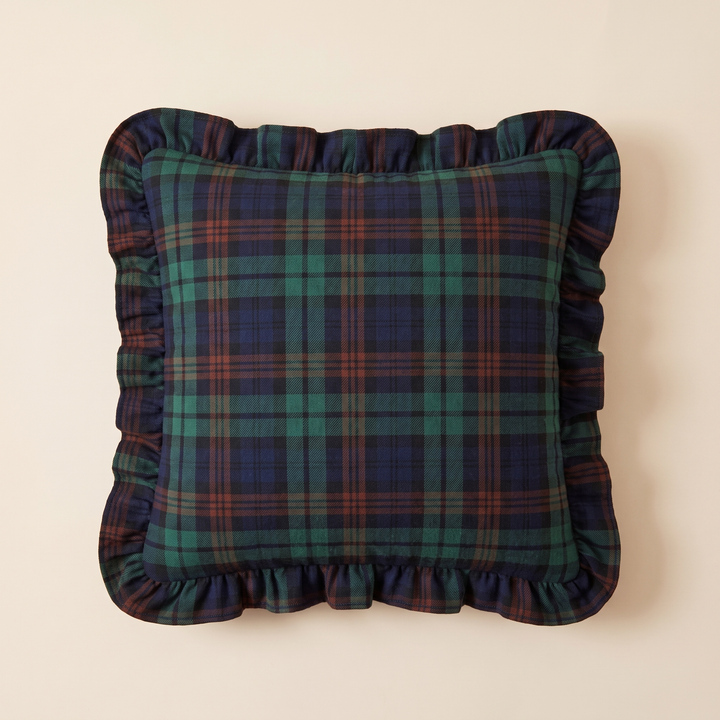 Christmas Plaid Pillow Cover in Navy Blue – Tartan – centered and square-on, full ruffle border visible all around