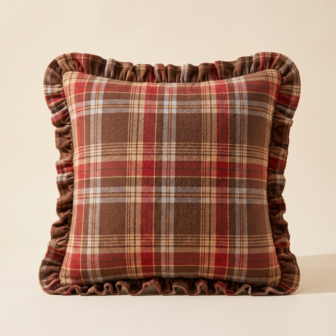 Christmas Plaid Pillow Cover in Brown – Tartan – front view of a ruffled square pillow against a plain cream background