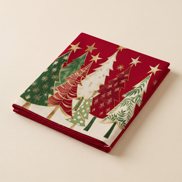 Christmas Table Runner – Tree Print in Red – Christmas Trees – folded neatly with tree print on top, on a plain cream background