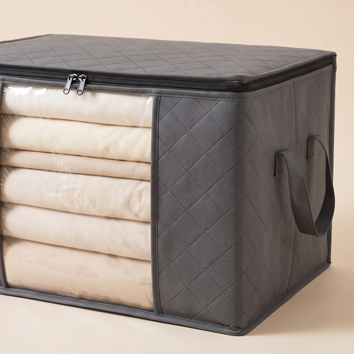 Clothes Storage Bags – Set of 3 in Dark Gray – angled view of clear front window and side handle