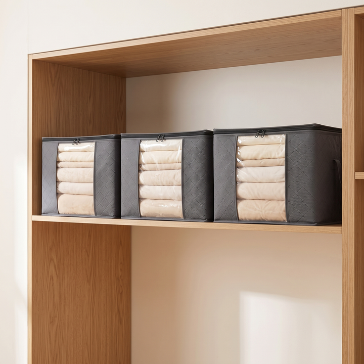 Clothes Storage Bags – Set of 3 in Dark Gray – lined up side by side on a wooden wardrobe shelf