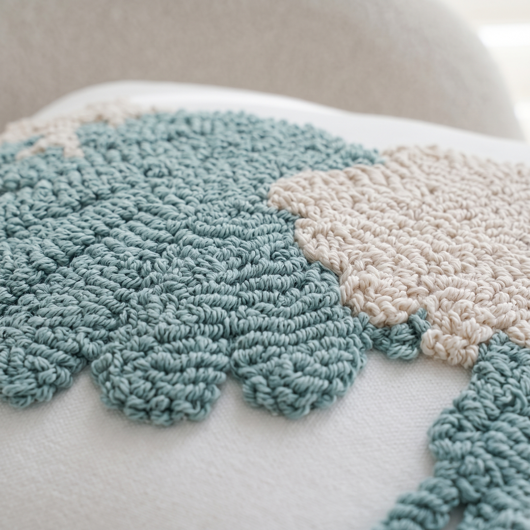 Coastal Throw Pillow Cover – Tufted in Sea Green – Shell – close-up of looped tufted texture on a pillow resting against a sofa