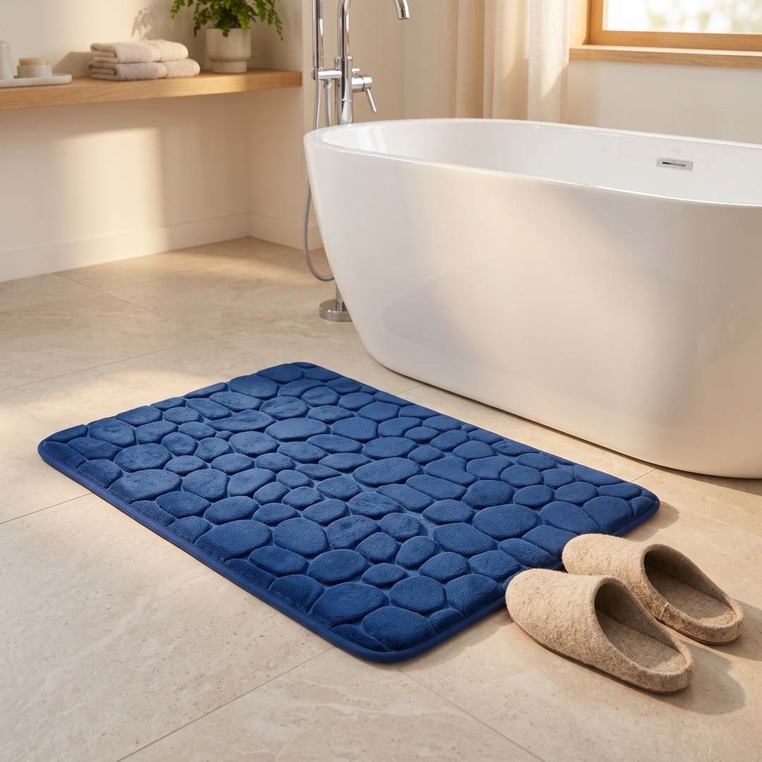 Non-Slip Memory Foam Bath Mat – Cobblestone in Royal Blue – on a tile floor beside a freestanding tub with slippers