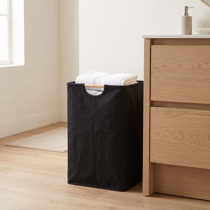 Collapsible Laundry Basket in Black – beside an oak bathroom vanity with folded towels on top