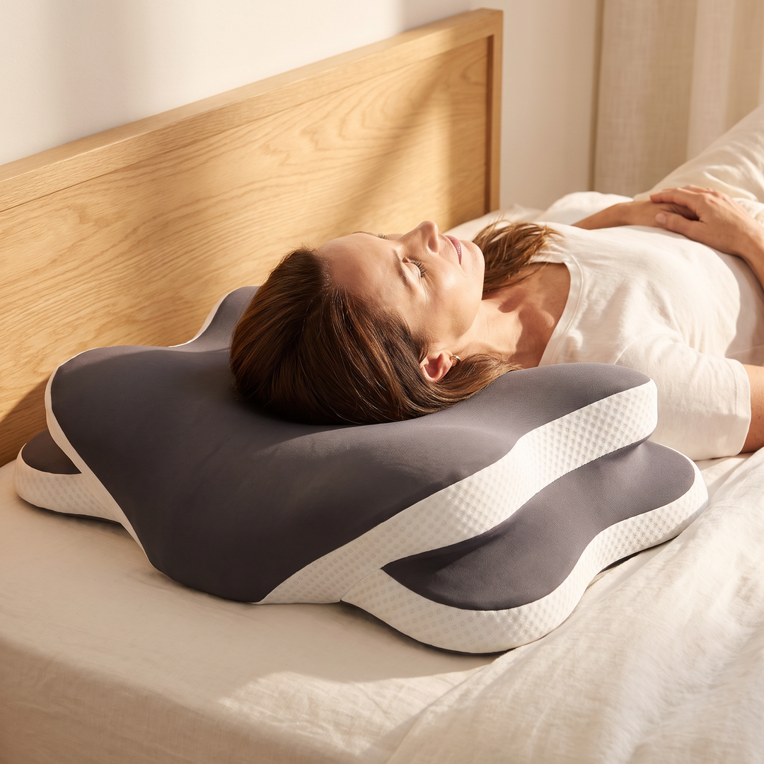Contour Memory Foam Pillow – Butterfly Shape in Dark Gray – supporting a woman lying on her back beside an oak headboard