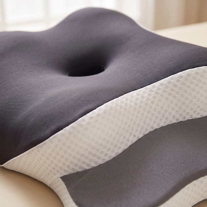 Contour Memory Foam Pillow – Butterfly Shape in Dark Gray – close-up of the center dip and white mesh side panel