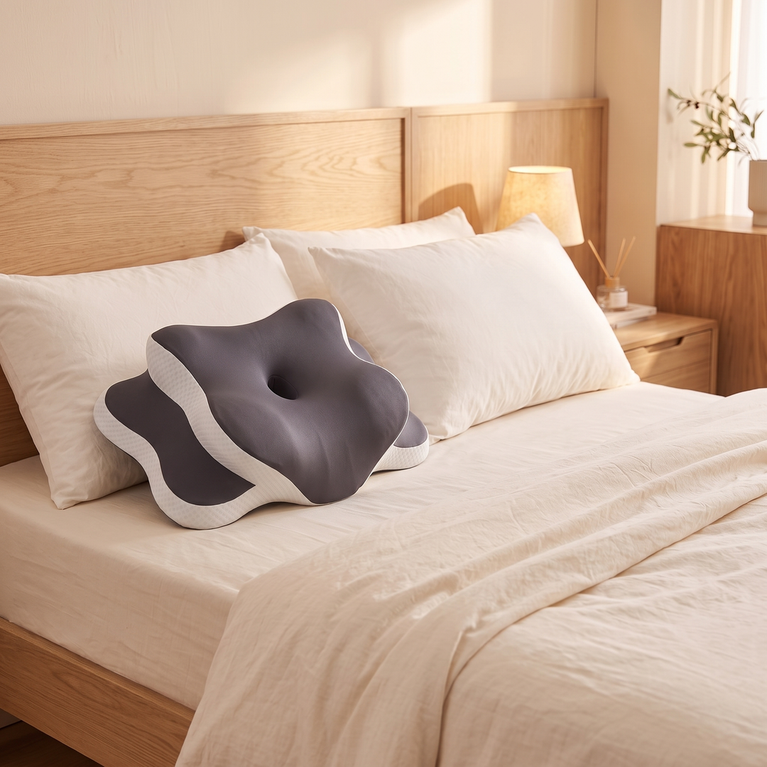 Contour Memory Foam Pillow – Butterfly Shape in Dark Gray – resting against white pillows on a bed with linen bedding