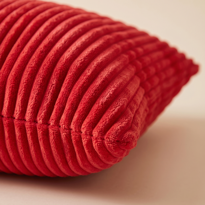 Corduroy Pillow Cover in Red – close-up of the wide ribbed texture and corner seam