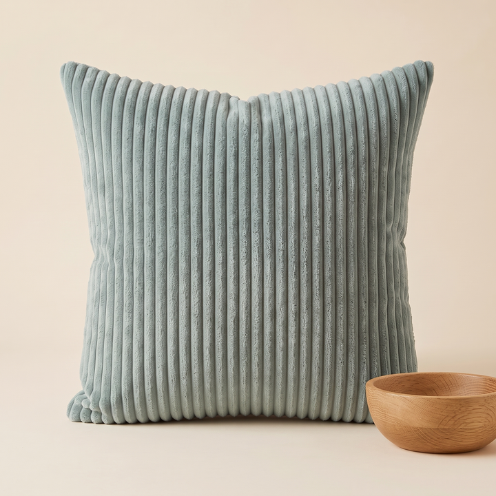 Corduroy Pillow Cover in Aqua – upright beside a small wooden bowl on a plain backdrop