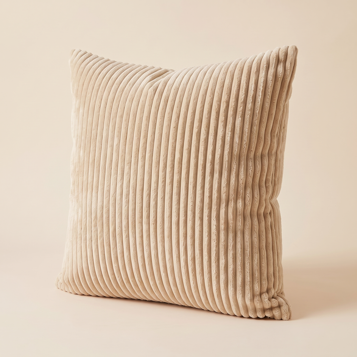 Corduroy Pillow Cover in Beige – turned at an angle showing side edge and soft shadow