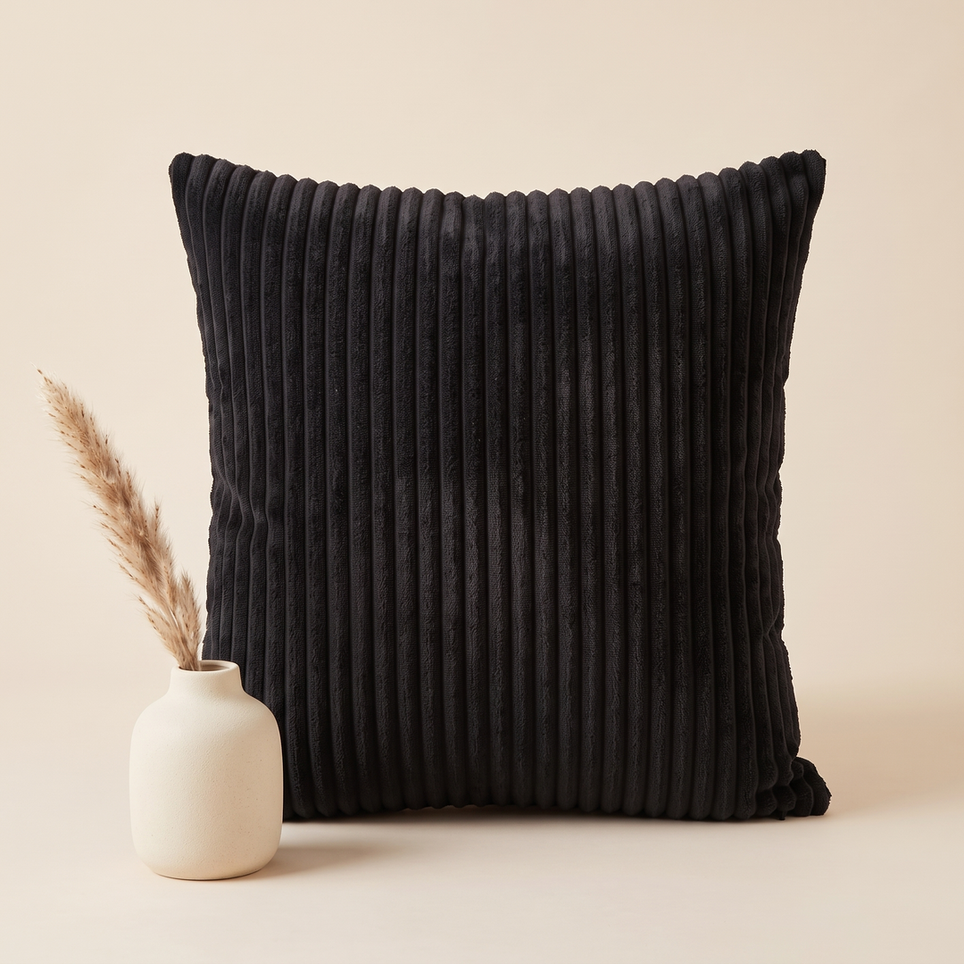 Corduroy Pillow Cover in Black – beside a small ceramic vase holding dried pampas grass
