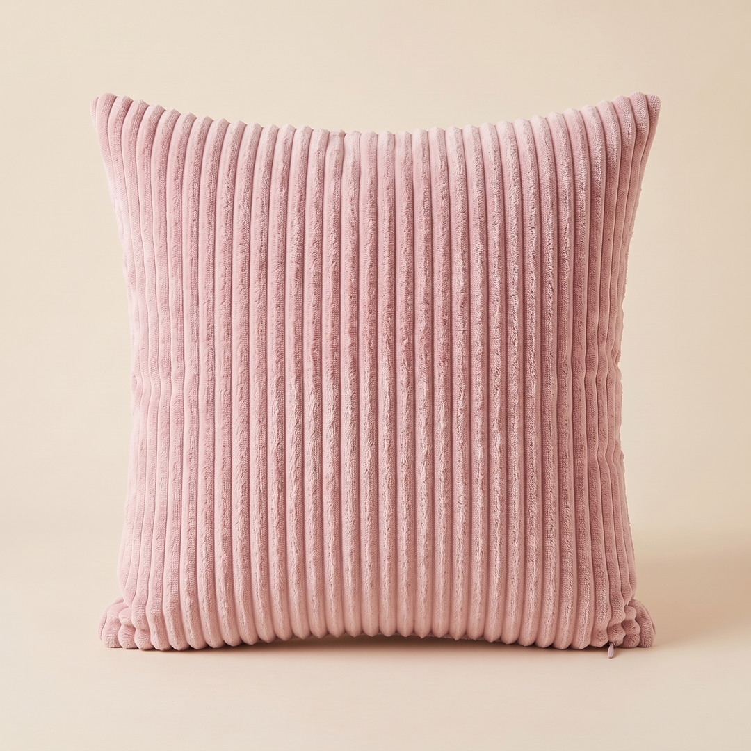 Corduroy Pillow Cover in Dusty Pink – centered on a peach backdrop with slightly dipped top edge