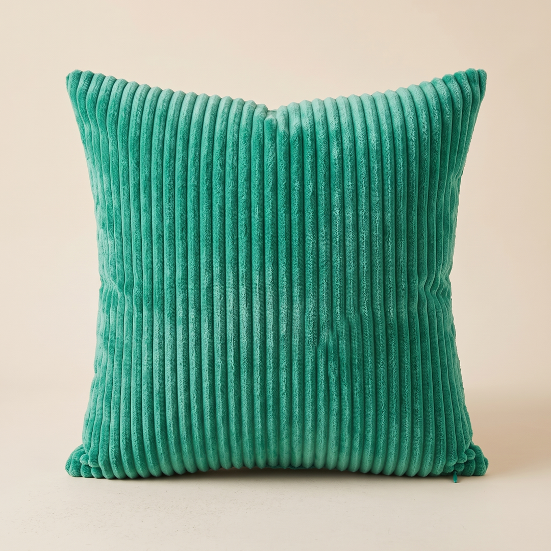 Corduroy Pillow Cover in Jade Green – straight-on view with small zipper pull at lower right corner
