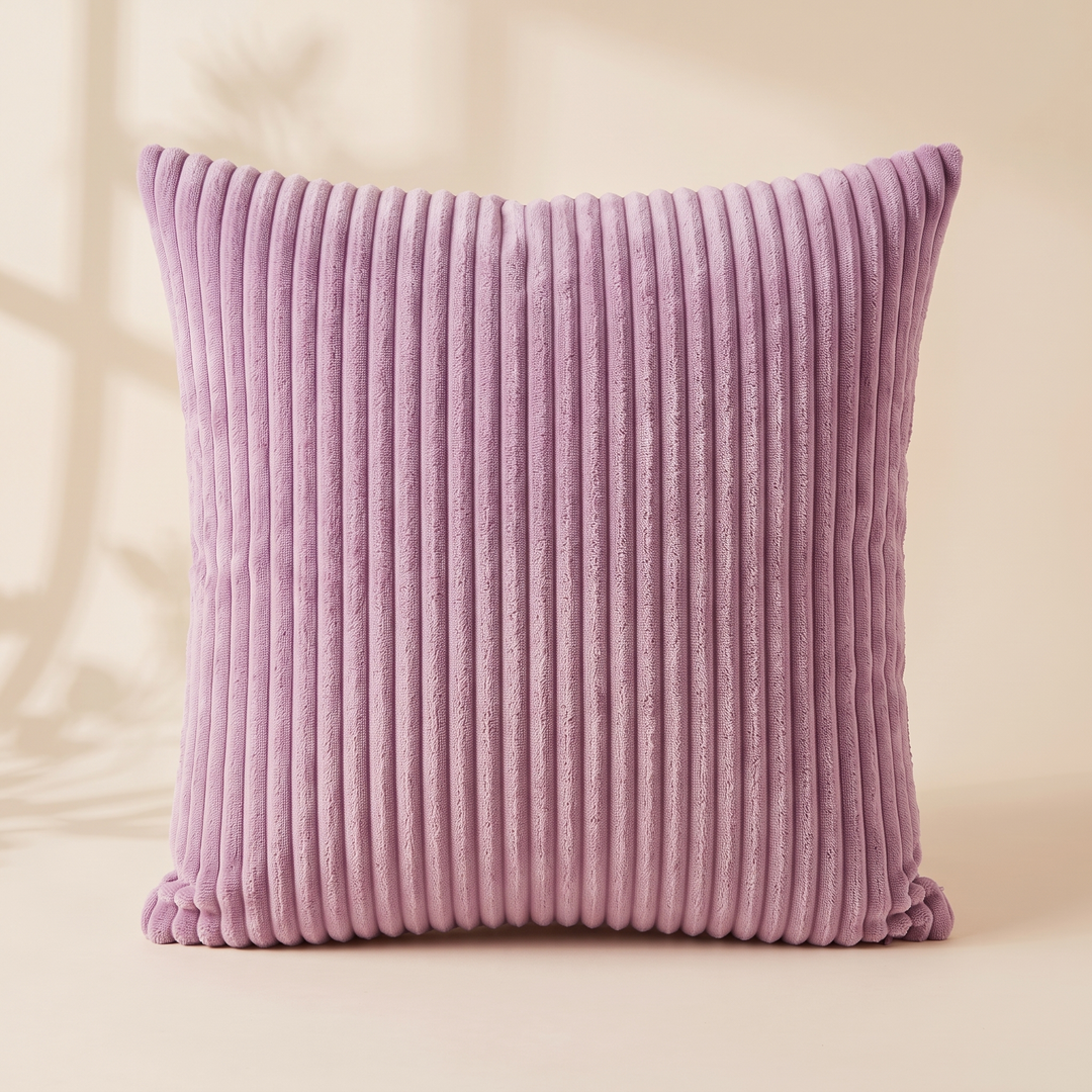 Corduroy Pillow Cover in Mauve – upright before a wall with soft window and leaf shadows