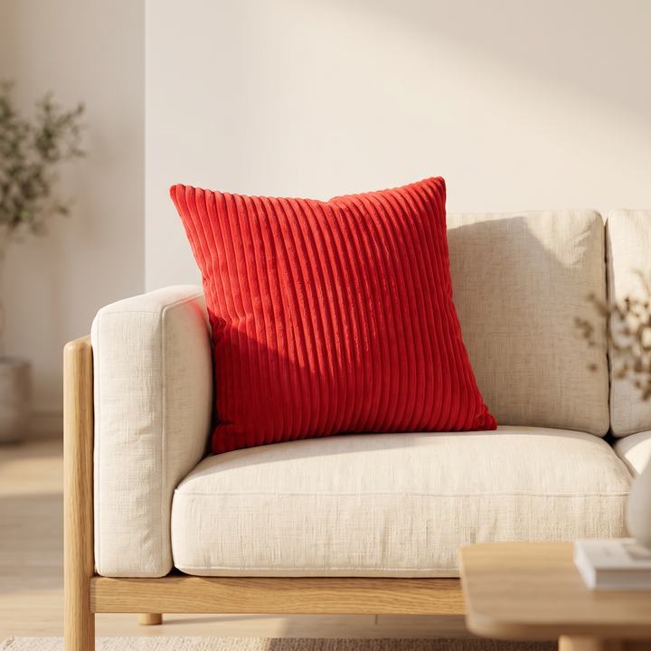 Corduroy Pillow Cover in Red – propped in the corner of a cream sofa in a sunlit living room