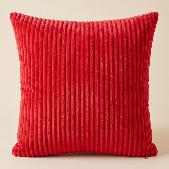 Corduroy Pillow Cover in Red – front view standing upright against a plain cream background