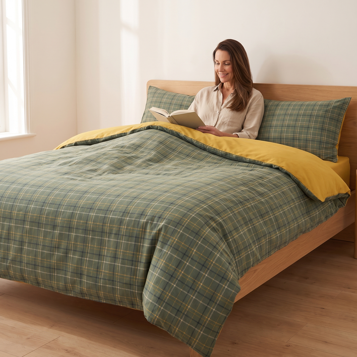 Cotton Duvet Cover Set in Green Plaid