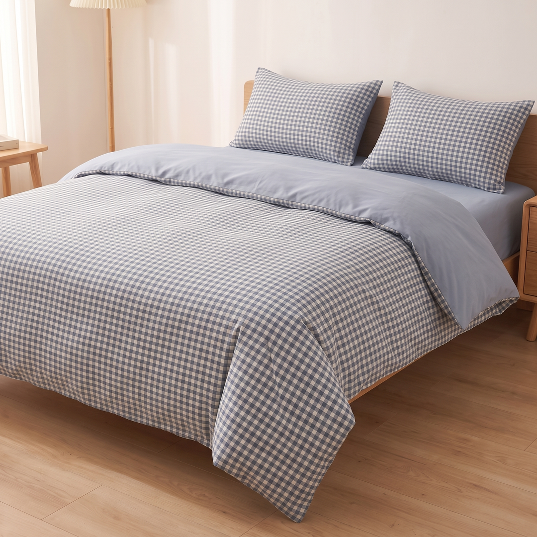Cotton Duvet Cover Set in Blue Gingham – low side angle of bed with floor lamp and wooden side table