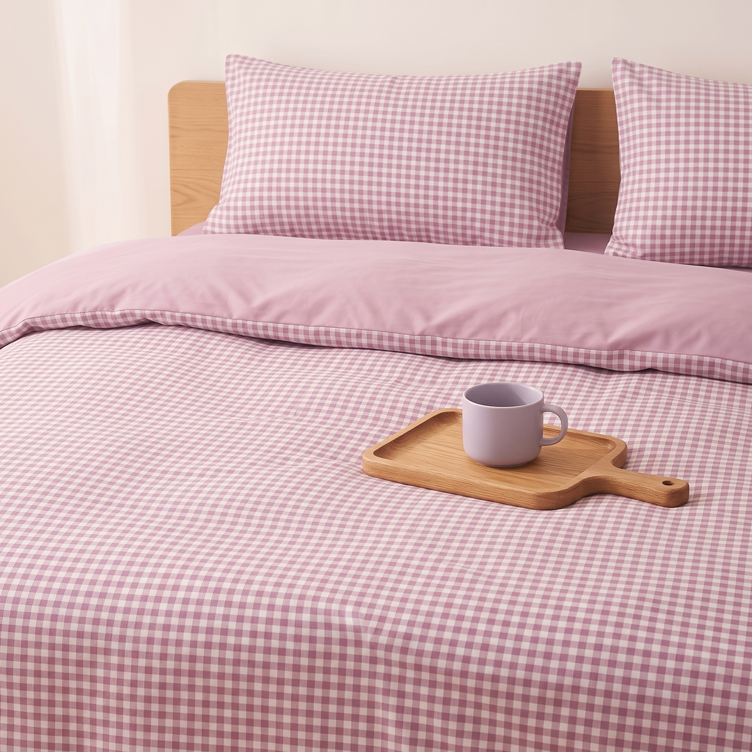 Cotton Duvet Cover Set in Lavender Gingham – mug on a wooden serving tray atop a made bed