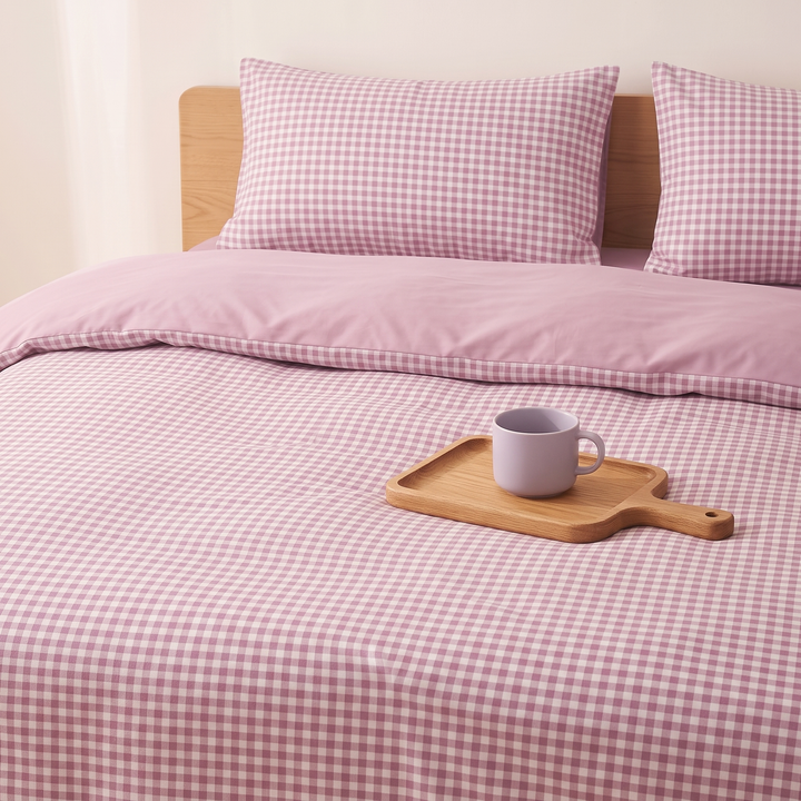 Cotton Duvet Cover Set in Lavender Gingham – mug on a wooden serving tray atop a made bed