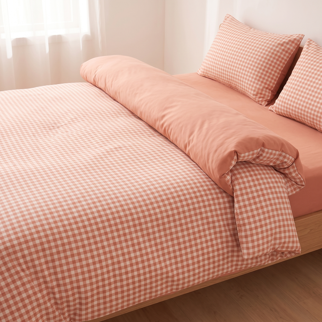 Cotton Duvet Cover Set in Peach Gingham – duvet folded into a thick roll over fitted sheet