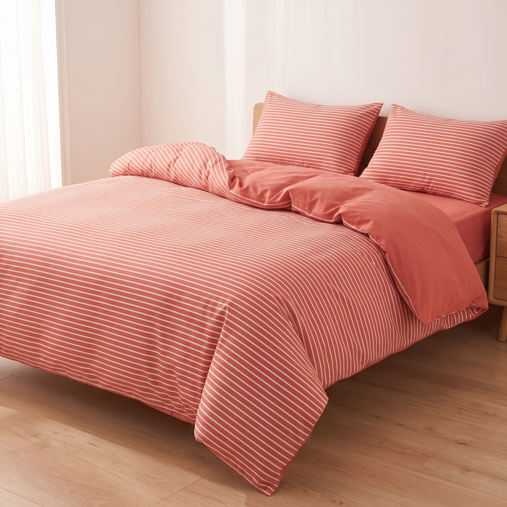 Cotton Duvet Cover Set in Red Stripe – wide three-quarter view of bed, duvet hanging over the side