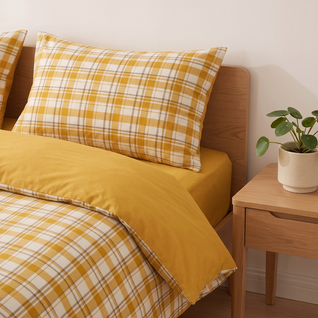 Cotton Duvet Cover Set in Yellow Plaid – pillow against oak headboard beside a potted plant on bedside table